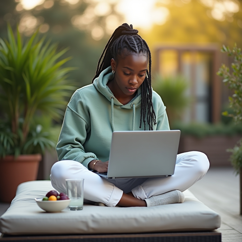 Person engaged in online learning session about nutrition, focused expression, laptop on desk