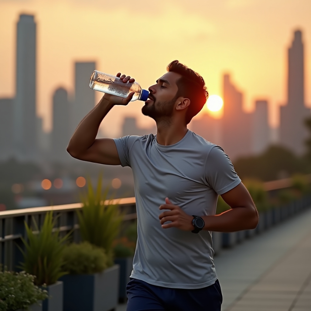 Person drinking water after outdoor exercise with natural light