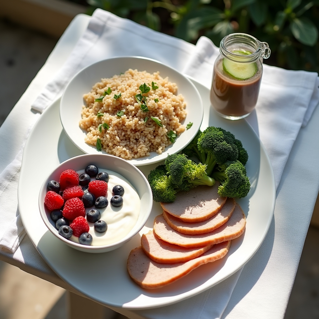 Colorful recovery meal with fruits, grains, and protein sources arranged on a table