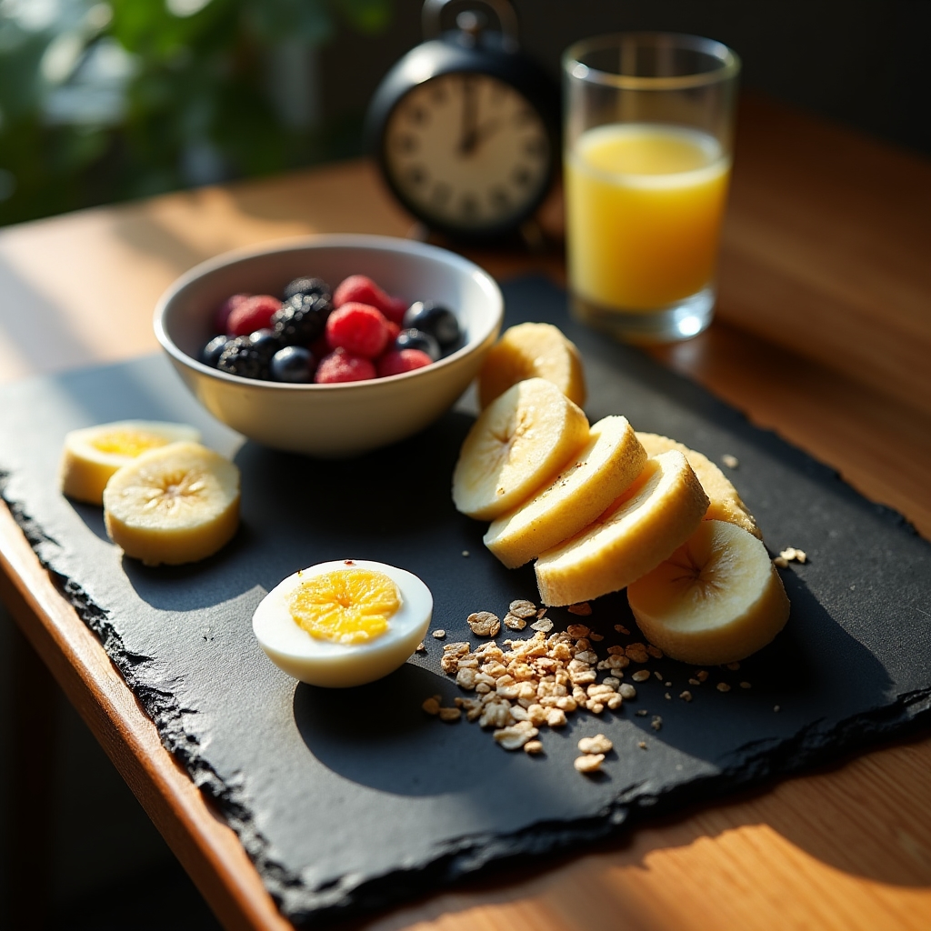 Close-up of a colorful, balanced pre-workout meal being assembled on a wooden board