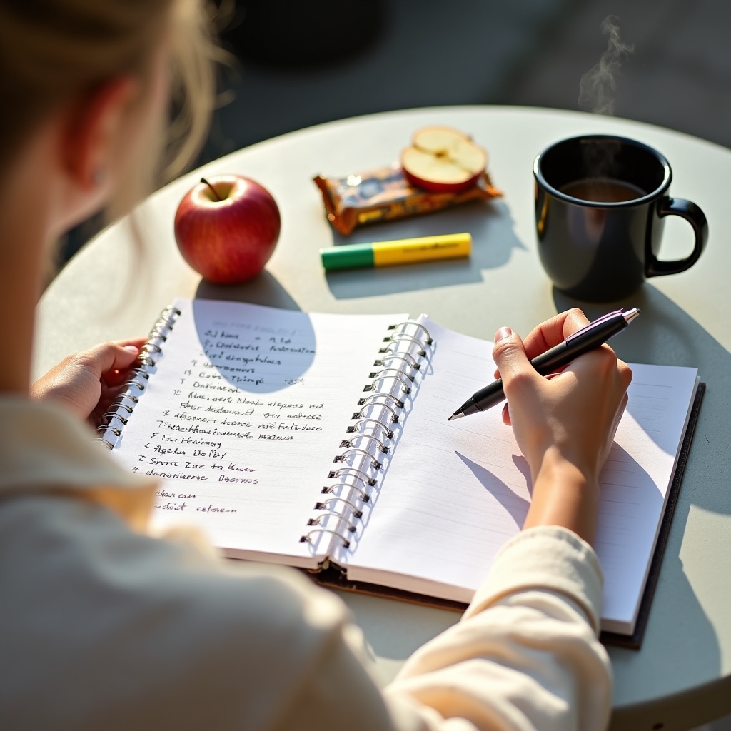 Open notebook with nutrition timing concepts written clearly, surrounded by healthy foods on a bright workspace